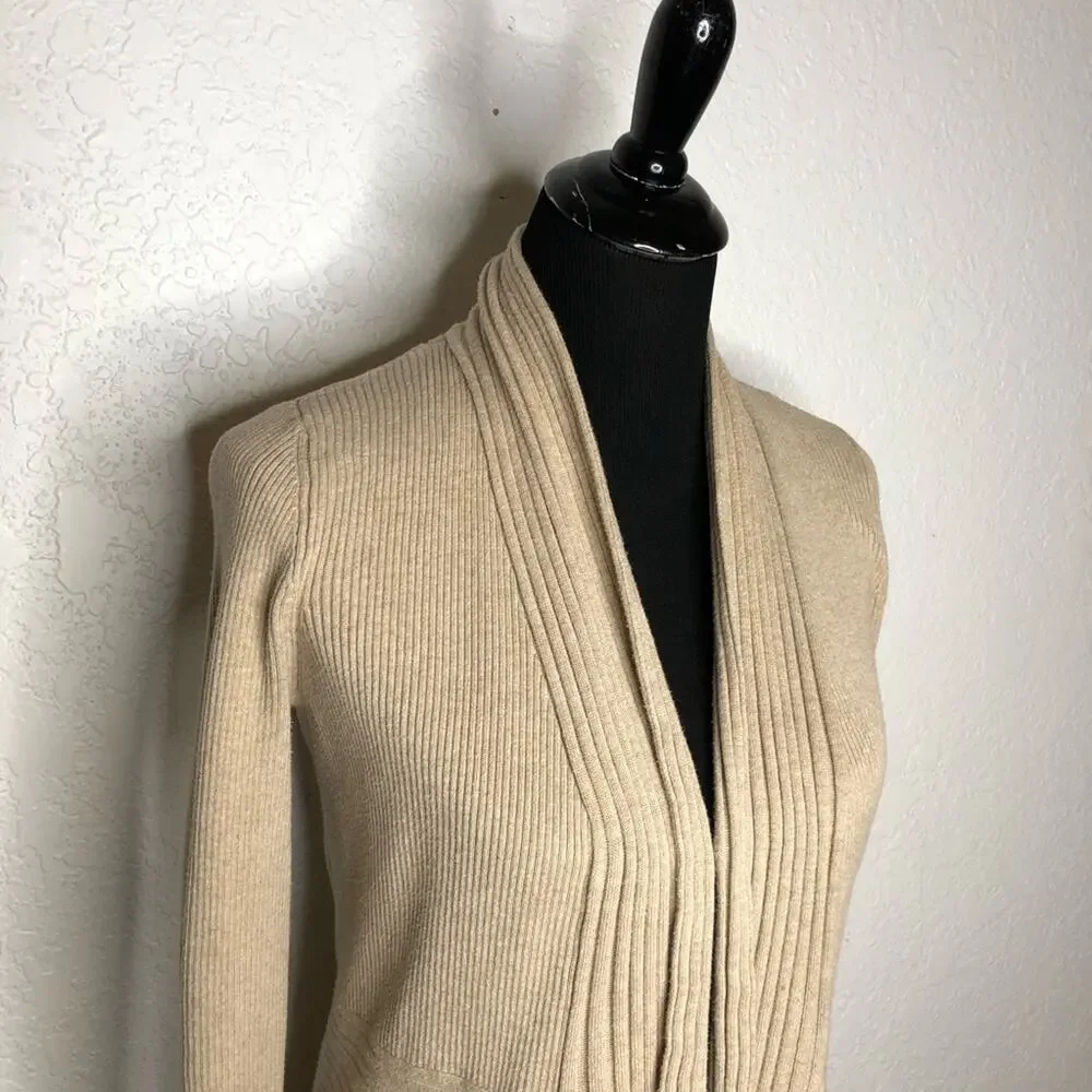 WHBM tan mixed ribbed knit open draped water fall cardigan size Medium